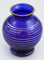 Parádi üveg Váza, Kobaltkék Alapon Arany Csíkos, Jelzetlen, Kis Kopással, M: 11 Cm - Glass & Crystal