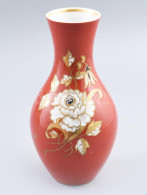 Wallendorf Virágmintás Váza, Mélyvörös Fonton Aranykontúrozott Virág Mintával, Jelzett, Hibátlan, M: 20,5 Cm - Glass & Crystal