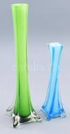 Zöld és Kék Kétrétegű Szálváza. Jelzés Nélkül, Pattogzással, M: 20-30 Cm - Glass & Crystal