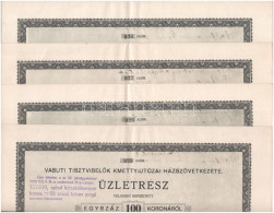 Budapest 1922. "Vasúti Tisztviselők Kmetty-utczai Házszövetkezete" Névre Szóló üzletrész 100K-ról (4x) Sorszámkövetők "9 - Non Classés