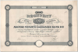 Budapest 1928. "Magyar Nemzeti Gazdasági Bank Rt." Részvénye 20P-ről, Szárazpecséttel, Szelvényekkel T:AU,XF - Unclassified