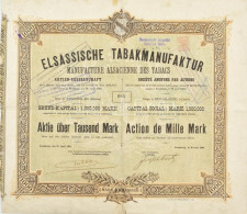 Német Birodalom / Strassbourg 1890. "Elzászi Dohánymanufaktúra Részvénytársaság" Részvénye 1000M-ról Felülbélyegzekkel T - Non Classificati