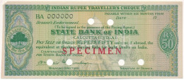 India DN 50R "State Bank Of India" "SPECIMEN" Utazási Csekk T:XF Hajtatlan, Sarokban Anyaghiány India ND 50 Rupees "Stan - Ohne Zuordnung