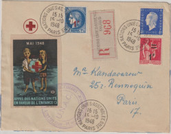 1948 - VIGNETTE CROIX-ROUGE / NATIONS UNIES - ENV. RECOMMANDEE De PARIS Avec OBLITERATION SPECIALE ASSEMBLEE GENERALE - Red Cross