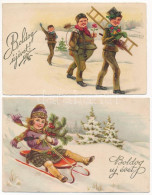 2 Db RÉGI újévi üdvözlő Képeslap, Litho / 2 Pre- 1945 New Year Greeting Postcards, Litho - Ohne Zuordnung