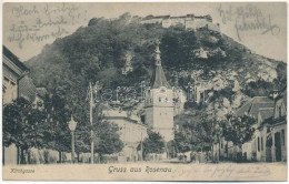 T2/T3 1907 Barcarozsnyó, Rozsnyó, Rosenau, Rasnov; Kirchgasse / Templom Utca, Vár. Georg Gutt Kiadása / Street, Castle ( - Ohne Zuordnung