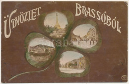 T3 1907 Brassó, Kronstadt, Brasov; Üdvözlet Brassóból. Lóherés Mozaiklap / Multi-view Postcard With Clover. Oranotypie ( - Ohne Zuordnung