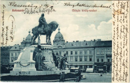 T2/T3 1907 Kolozsvár, Cluj; Mátyás Király Szobor, Erdélyi Bank, Jeney Lajos üzlete. Lepage Lajos Kiadása / Monument, Ban - Non Classés