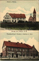 T3 1914 Kobiór, Kobier; Schule U. Kirche, Warenhandlung S. Tyczka U. Gasthaus A. Jelen / School And Church, Shop Of Tycz - Non Classés