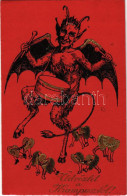 * T2/T3 1927 Üdvözlet A Krampusztól / Krampus With Drum - Zonder Classificatie