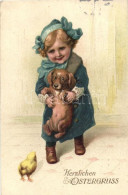 T2 Easter, Girl, Dog, Chicken, Litho - Ohne Zuordnung