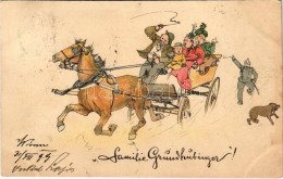 T2/T3 1899 Wien, Vienna, Bécs; "Familie Grundhübinger" / Viennese Horse-drawn Carriage, Folklore Art Postcard. Litho (fl - Ohne Zuordnung