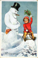 T2/T3 1910 Bonne Année! / New Year Greeting Art Postcard With Snowman Smoking A Cigar, Child With Sled. B.K.W.I. 2786-5. - Non Classés