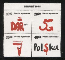 POLAND SOLIDARITY SOLIDARNOSC POCZTA WYDAWCOW 1985 UNDERGROUND SYMBOLS AUGUST 1980-85 BLOCK OF 4 - Viñetas Solidarnosc