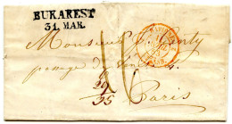 ROUMANIE - BUKAREST 31. MARS SUR LETTRE AVEC CORRESPONDANCE POUR PARIS, 1853 - ...-1858 Voorfilatelie