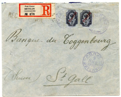 RUSSIE - 10K. PAIRE SUR LETTRE RECOMMANDEE DE METELIN POUR LA SUISSE, 1908 - Levante