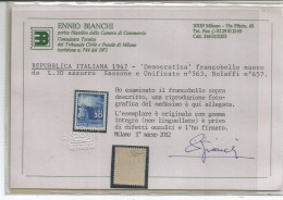Italia Repubblica 1945/48 Democratica Lire 30 MNH ** Certificato E. Bianchi - Lotti E Collezioni
