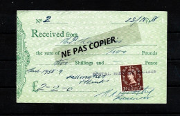 Sur Document ( 13 X 8 Cm ) Reçu  Avec Timbre Reine D 'Angleterre  1958 - Other & Unclassified