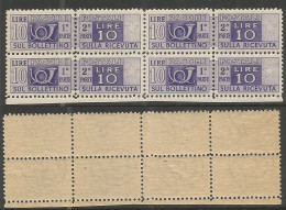 Repubblica 1946 Pacchi Postali Ruota I°Tipo Lire 10 MNH** Quartina BDF Con Fil. Sinistra Bassa (cat.160€) - Postpaketten
