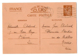 TB 4504 - 1942 - Entier Postal Type IRIS - Melle CHALUMET à ROANNE Pour M. J. CHALUMET, Pharmacie BARDIAN à NEVERS - Standard Postcards & Stamped On Demand (before 1995)