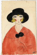 FEMME ELEGANTE  AVEC UN CHAPEAU  -   DESSIN  REALISEE SUR  CARTE POSTALE  -  ORIGINAL SIGNEE SUSIE - Watercolours