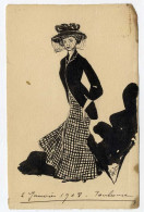 FEMME ELEGANTE  TOULOUSE JANVIER 1908  -  DESSIN ENCRE  REALISEE SUR CARTE POSTALE   -  ORIGINAL SIGNEE - Dibujos