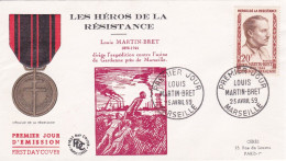 FDC--1959--Héros De La Résistance--LOUIS  MARTIN-BRET  (médaille).......cachet  MARSEILLE --13..timbre Au Verso - 1950-1959