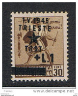 OCCUP. JUGOSLAVA  TRIESTE:  1945  TAMBURINO  SOPRAST. -  £. 1/30 C. BRUNO  N. -  CORONA  CAPOVOLTA  -  SASS. 12  -  SPL. - Joegoslavische Bez.: Trieste