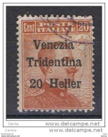 TRENTINO:  1918  SOPRASTAMPATO  -  20 H./20 C. ARANCIO  US. -  SASS. 30 - Trento