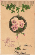 FLEURS ET PLANTES - Bonne Fête - Fleurs - Pensées Violettes - Trèfles - Chance - Carte Postale Ancienne - Bloemen