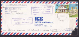 Fiji: Cover To USA, 1988, 2 Stamps, Church, Cancel Received In Damaged Condition At Nadi Airport, Repaired (damaged) - Fidji (1970-...)