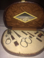 Elegante Trousse Manicure E Cucito Specchio - Vintage Custodia Pelle? Ottima - Antike Werkzeuge