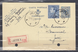Aangetekende Postkaart Van Jette F1F Naar Jette - 1936-1951 Poortman