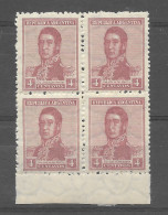 ARGENTINA 1921 Gral San Martin Military Sc 307A Mi256c MNH BLOCK Of 4 Watermark RA Sun - Used Stamps