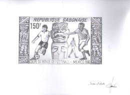 GABON(1986) Soccer Players. Tiki. Original Artwork Signed By The Engraver JUMELET. Pencil On Tracing Paper Measuring 31 - 1986 – Mexico