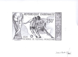 GABON(1986) Soccer Players. Trophy. Original Artwork Signed By The Engraver JUMELET. Pencil On Tracing Paper Measuring 3 - 1986 – México