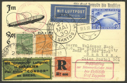 GERMANY: Brazil + Germany MIXED POSTAGE: Postcard Sent By Zeppelin From Berlin (19/MAY/1930) To Santos, Franked With 2Mk - Briefe U. Dokumente