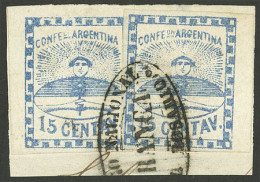 ARGENTINA: GJ.3, 15c. Blue, 2 Examples On Fragment With Cancel Of ROSARIO, Excellent Quality, Very Rare! - Oblitérés