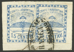 ARGENTINA: GJ.3, 15c. Blue, 2 Examples On Fragment With Cancel Of ROSARIO, Excellent Quality, Very Rare! - Used Stamps