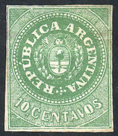 ARGENTINA: GJ.8a, 10c. GRASS GREEN, Mint Without Gum, Good Example, Rare! With Alberto Solari Certificate. - Unused Stamps