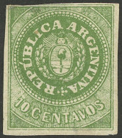 ARGENTINA: GJ.8A, 10c. Grass Green, Mint, Light Thin On Back (almost Insignificant) And Nice Front, Rare Color In Mint! - Unused Stamps