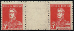 ARGENTINA: GJ.599EV, 1924 5c. San Martín W/o Period, Horizontal GUTTER Pair, Excellent Quality! - Sonstige & Ohne Zuordnung