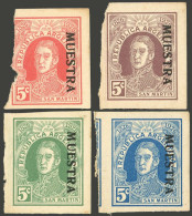 ARGENTINA: GJ.623, 1926 Post Centenary. 5c. San Martin, 4 TRIAL COLOR PROOFS Printed On Glazed Thin Card And With MUESTR - Sonstige & Ohne Zuordnung