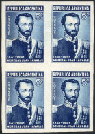 ARGENTINA: GJ.854, 1941 General Juan Lavalle, PROOF In Intense Blue, Imperforate Block Of 4 On Paper Of Glazed Front, VF - Autres & Non Classés