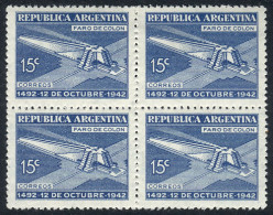 ARGENTINA: GJ.868, 1942 Columbus Lighthouse, VF Quality Block Of 4. The Bottom Stamps Are Mint Never Hinged, The Top Sta - Sonstige & Ohne Zuordnung