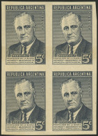ARGENTINA: GJ.927P, 1946 Roosevelt, Extremely Rare IMPERFORATE BLOCK OF 4, Recent Find, Variety To Be Included In The Ne - Other & Unclassified