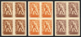 ARGENTINA: GJ.956, 1948 American Indian Day, 3 TRIAL COLOR PROOFS, Blocks Of 4 Of Excellent Quality, Very Rare! - Autres & Non Classés