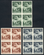 ARGENTINA: GJ.1032 (Sc.643), 1954 Buenos Aires Grain Exchange, 3 TRIAL COLOR PROOFS, Blocks Of 4 Of Very Fine Quality, E - Autres & Non Classés