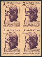 ARGENTINA: GJ.1215 (Sc.728), 1961 Rabindranath Tagore, Very Rare TRIAL COLOR PROOF, Block Of 4 Of Excellent Quality! - Other & Unclassified