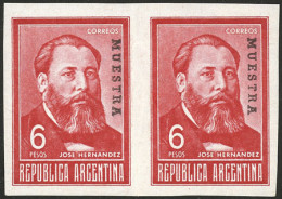 ARGENTINA: GJ.1304P, 1965 6P. José Hernandez In IMPERFORATE PAIR With MUESTRA Overprint, VF, Rare! - Autres & Non Classés